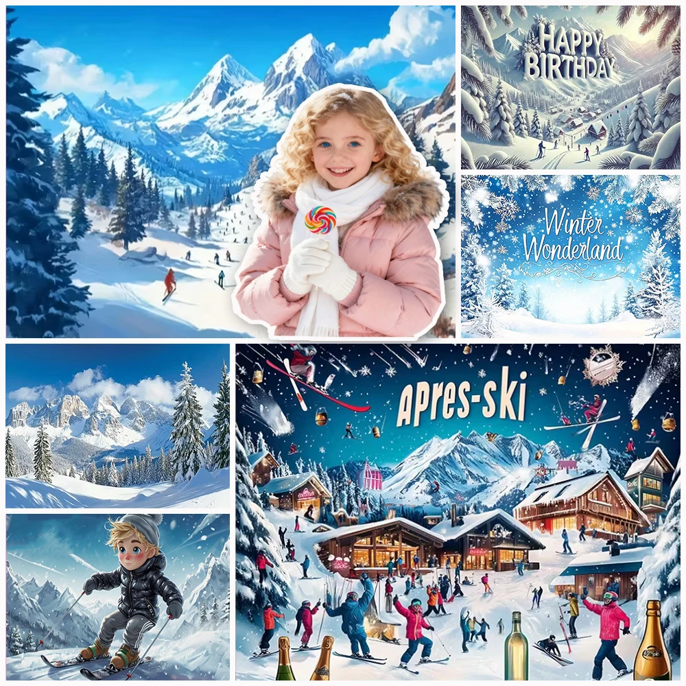 

Winter Snow Scene après-ski Birthday Party Backdrop Skiers White Photography Background Christmas Party Decorations Child Gift