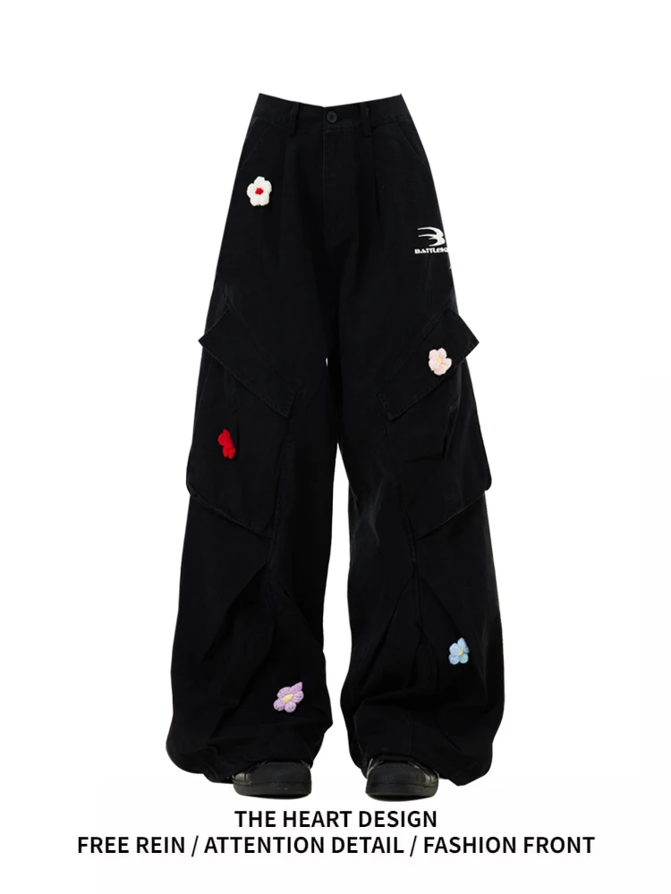 

Black Embroidered Workwear Denim Pants Women's Spring Autumn Multi-Pocket Design American Retro Wide Leg Floor-Length Pants