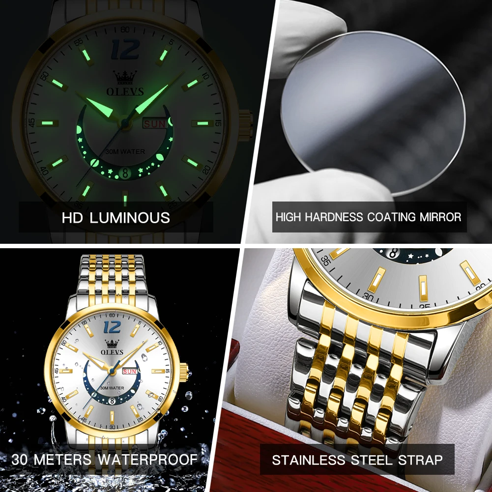 Olevs Trend Mode Heren Horloges Lichtgevende Week Kalender Quartz Horloge Voor Man Waterdicht Origineel Authenticatie Merk Horloge