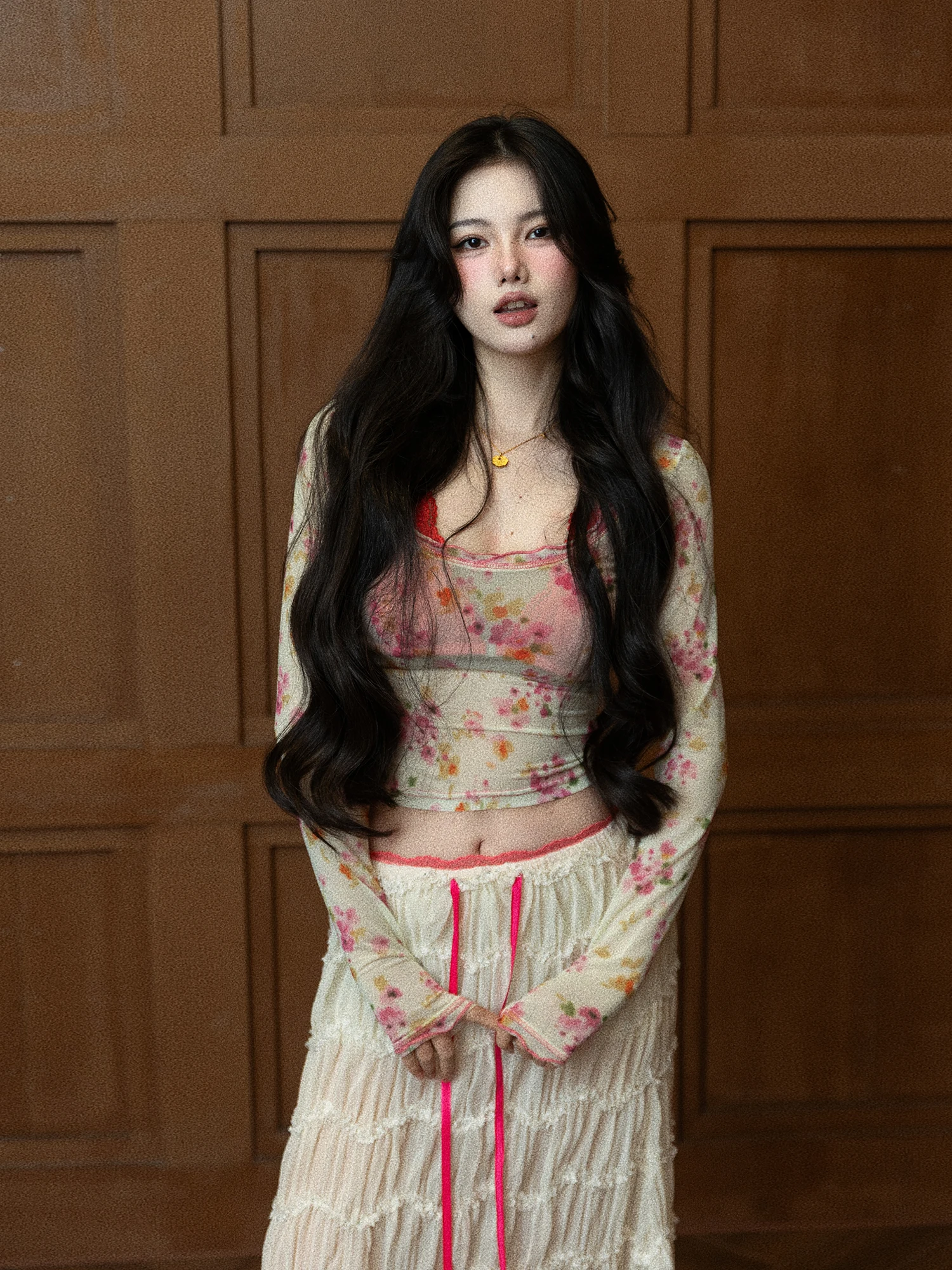 Spring 2026 Floral Print Long Sleeve T-Shirt Women's Underwear Atmosphere Feeling Party Main Character Series One a Gua