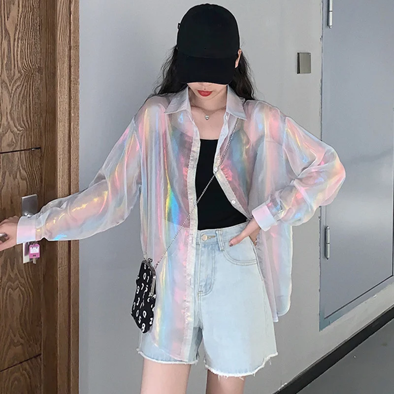 Rainbow Women Blouses Tops Long Sleeve Casual Turn-down Collar Cardigan Female Summer Trendy Sunscreen Girls Streetwear