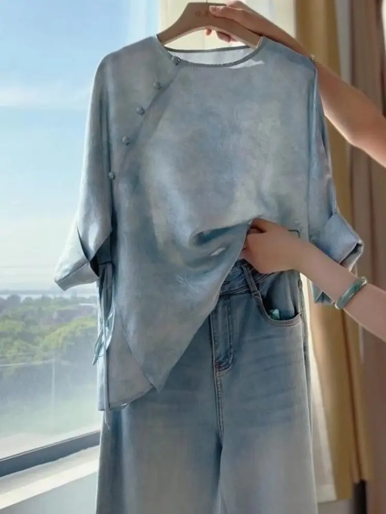 

New Chinese Sle Blue Women's irt Spring 2026 Early Season High-End Unique Retro National Trend Loose Fit Commute Sle