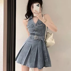 Women's Hanging Neck Denim Short Dress, A Pleated Belt, Single-Breasted Waist, Summer, Design Sense, Hot Girl, New, 2023