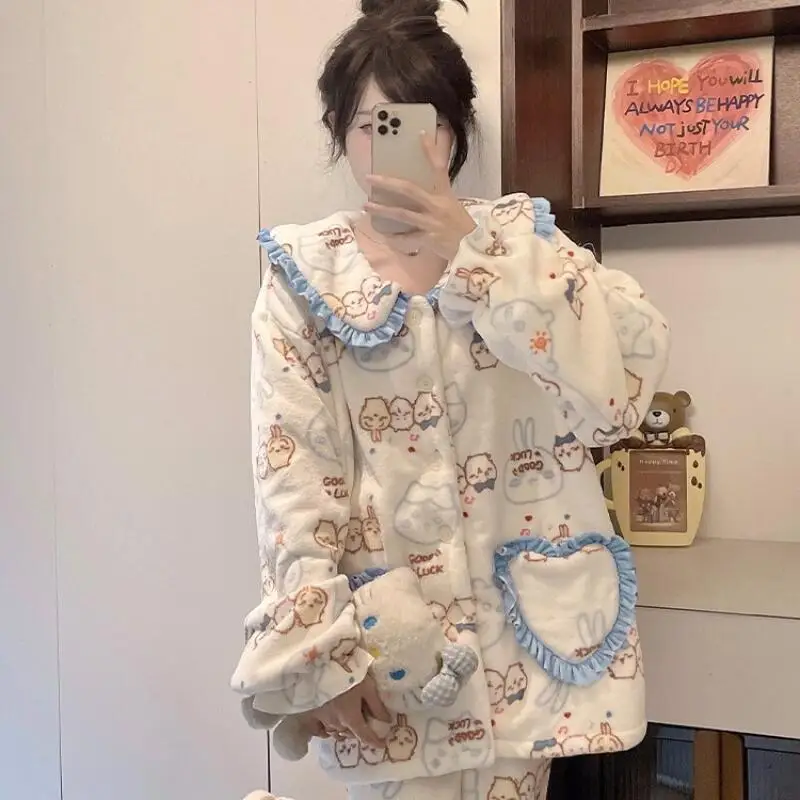 Студенческая плотная теплая одежда для сна Usagi Chiikawa, 2 предмета, осень-зима 2021, новинка Hachiware, милый комфортный комплект домашней одежды с героями мультфильмов аниме