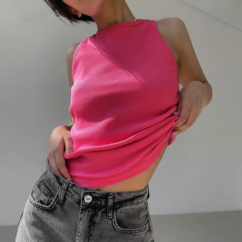 Ribbed Knitted Tops Neck Summer Basic Shirts White Black Casual Sport Vest Off Shoulder Green Women\'s Tank Top