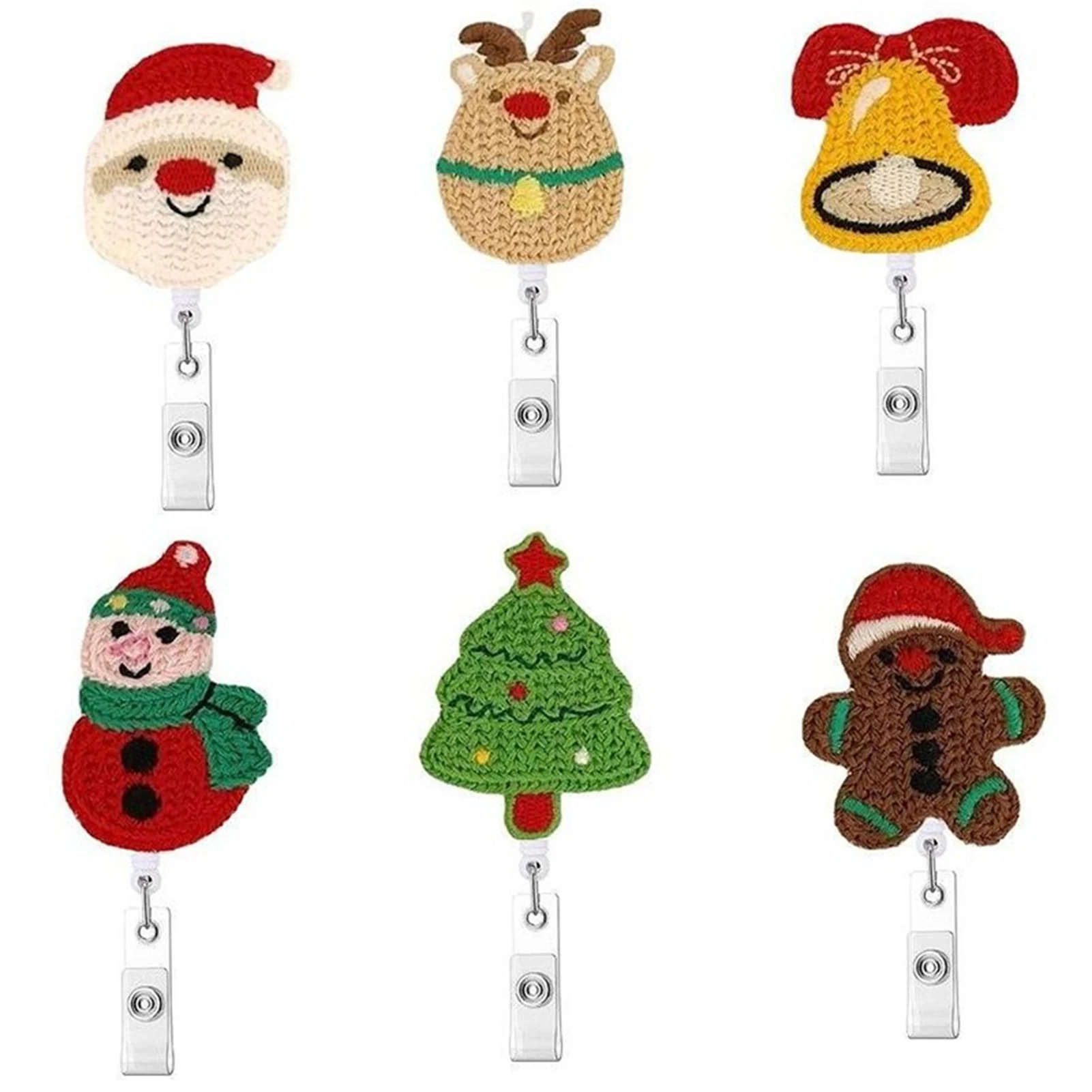 

6-Pack Christmas Badge Scroll Christmas ID Badge Holder Knitted Reindeer Snowman Gingerbread Santa Name Tag Clip Christmas Badge