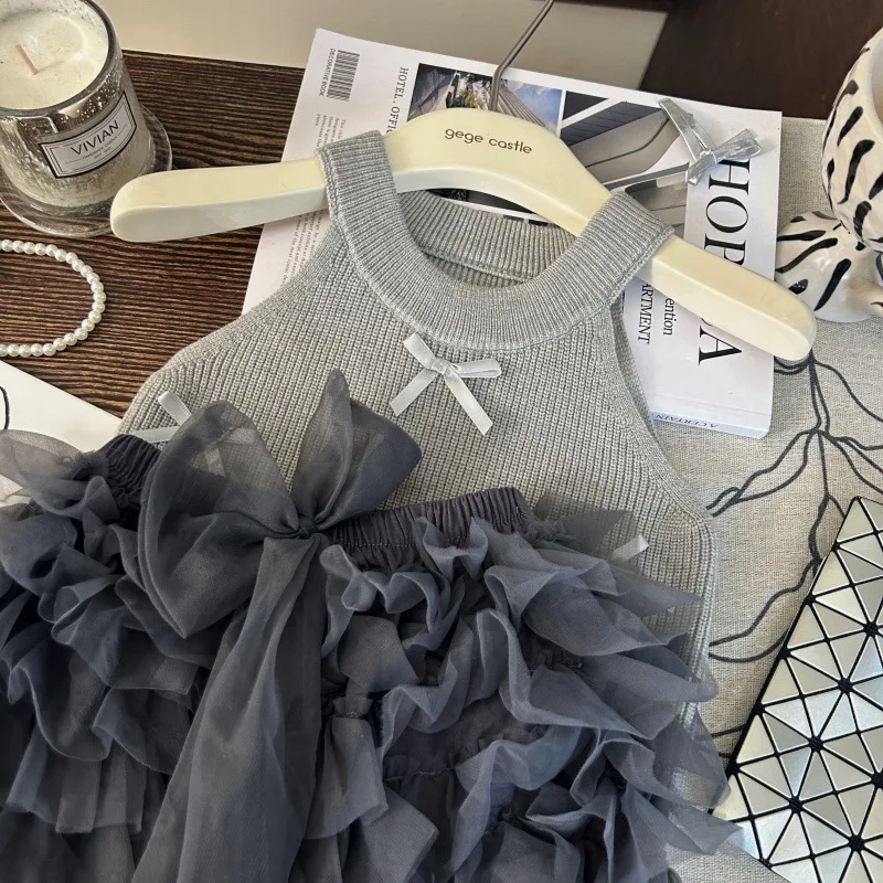 Korean Version of Children's Clothing 2025 New Summer Girls Knitted Bow Vest Foreign Style Tutu Cake Skirt Two-piece
