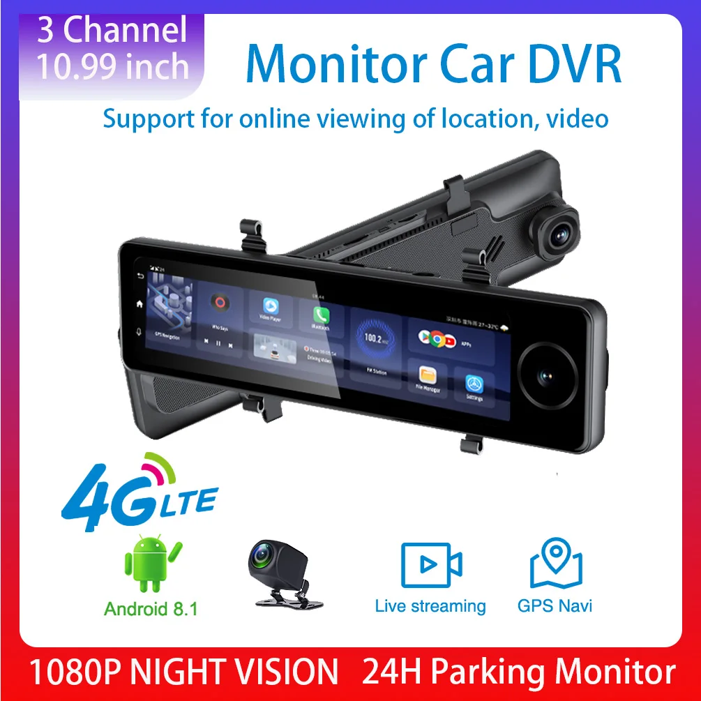 Espejo retrovisor con 3 lentes para coche, cámara de salpicadero con DVR, 4G, Android, 2GB + 32GB, HD 10,99 P, visión nocturna, GPS, WIFI, ADAS, 1080