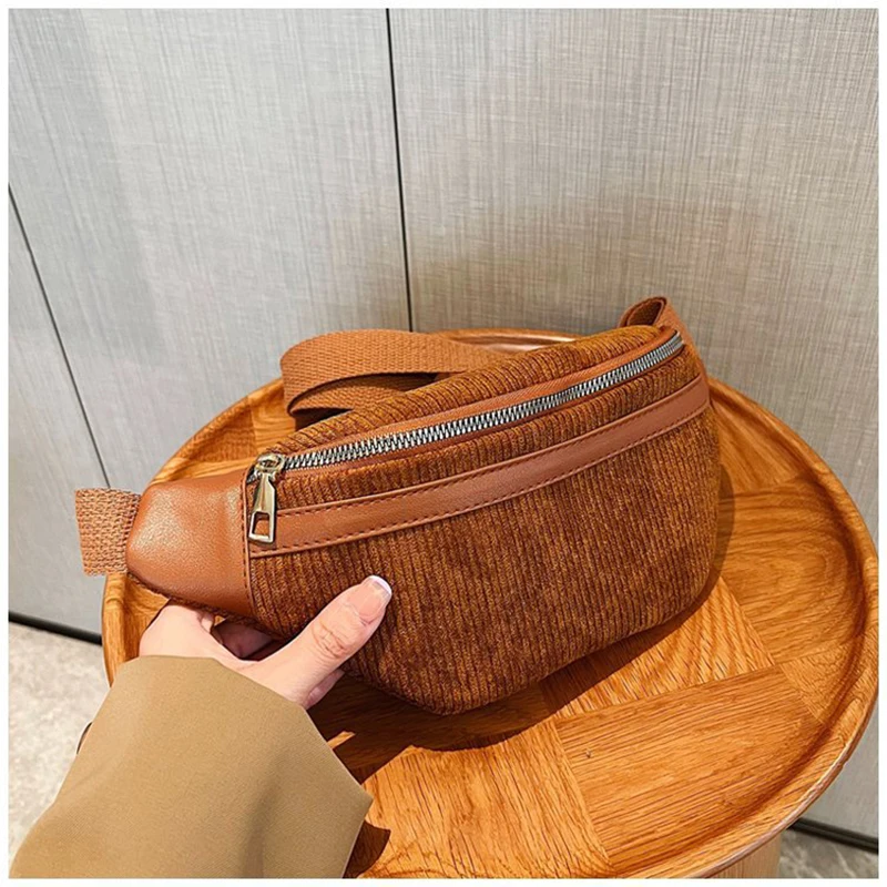 Fashion Corduroy Women Waist Bag Student Ladies Shoulder Crossbody Zipper Chest Bag Phone Banana Female Bags