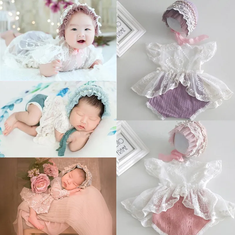 

Baby Studio Photo Shooting Romper+Lace Hat Set 100-days Little Girls Jumpsuit Outfits for Newborn Photography Props Accessories