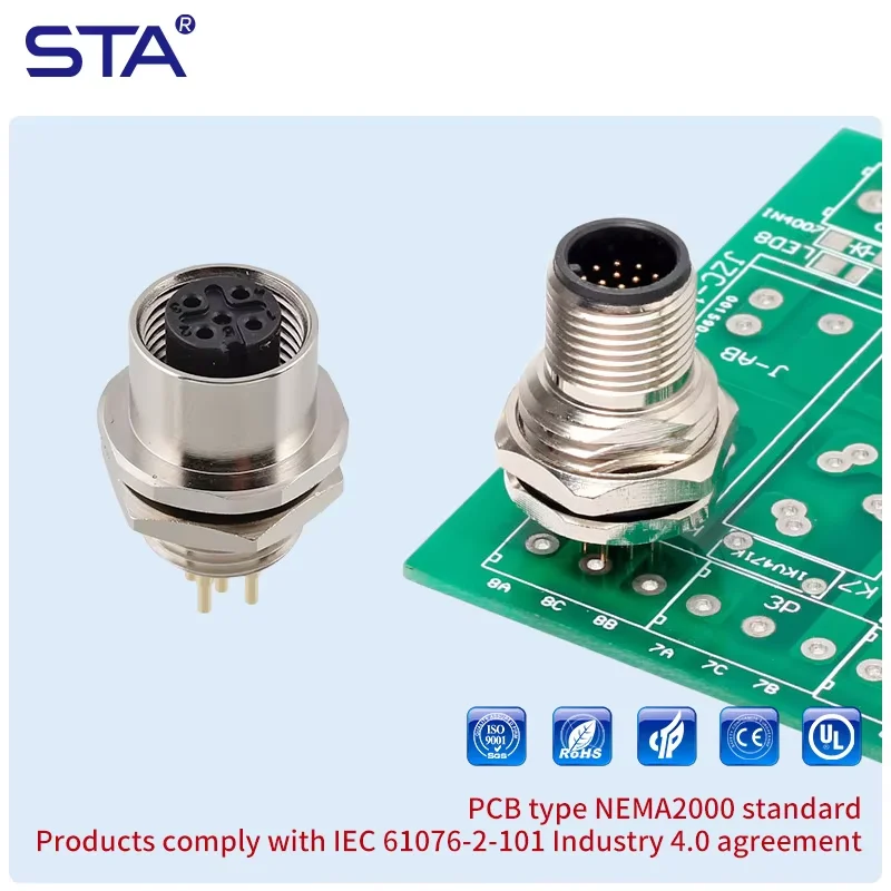 M12 Sensor Waterproof Circular Connector Panel Mount Bulkhead Installation Metal Male Female PCB Socket 2 3 4 5 6 8 12 17pin