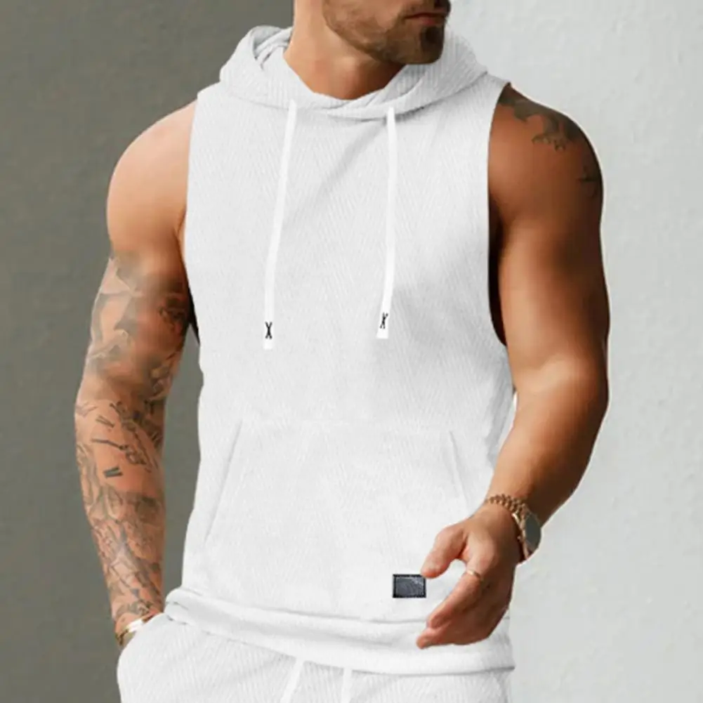 Casual Sports Style Vest Men's Casual Hooded Knitted Vest with Front Pocket Sleeveless T-shirt Large Pockets Sports for Active