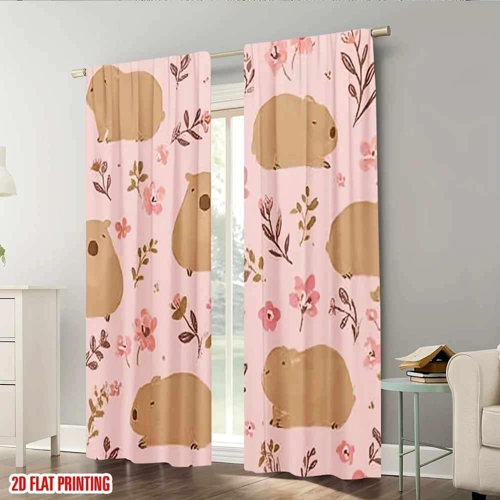 Capybara Curtain, Pink Water Floral Print Blackout Curtains, Cute Animal Drapes, Girls Room Nursery Decor, 2 Panels