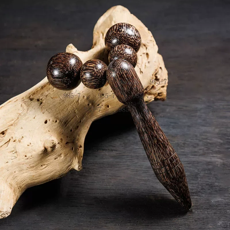 Wooden Massage Hammer with Rolling Balls, Natural Teak Tool for Acupressure and Tapping