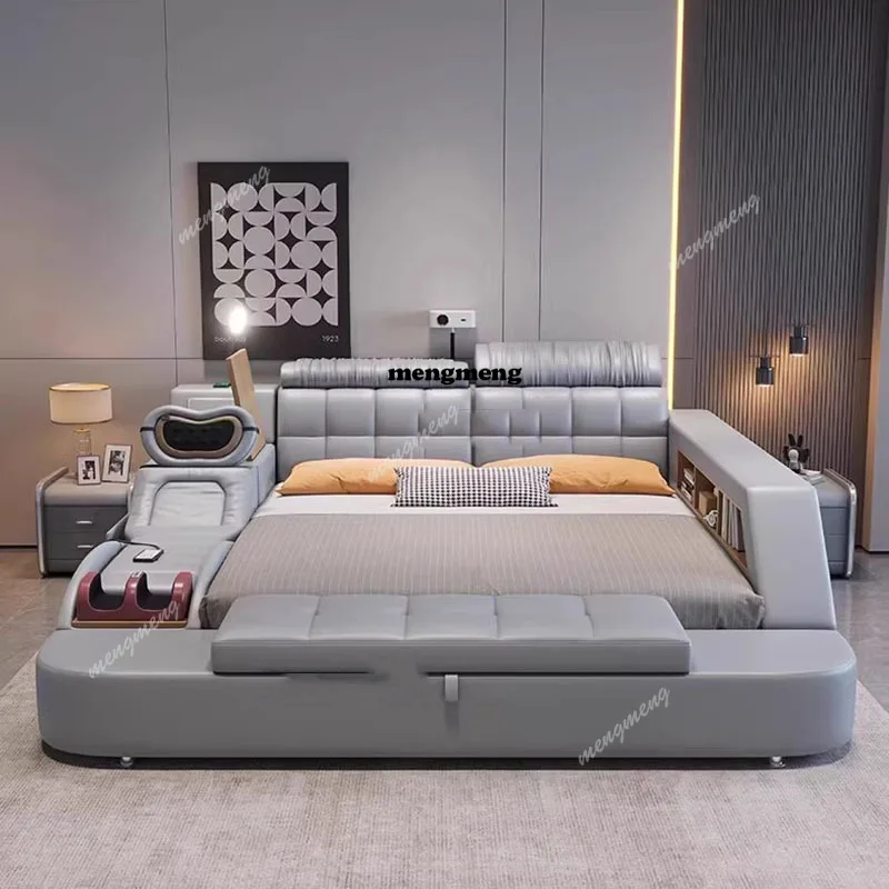 

Кожаная кровать-массажер King Size, скандинавская многофункциональная кровать-татами, тумбочки для гостиной, Somieres Y Marcos De Cama, мебель для спальни