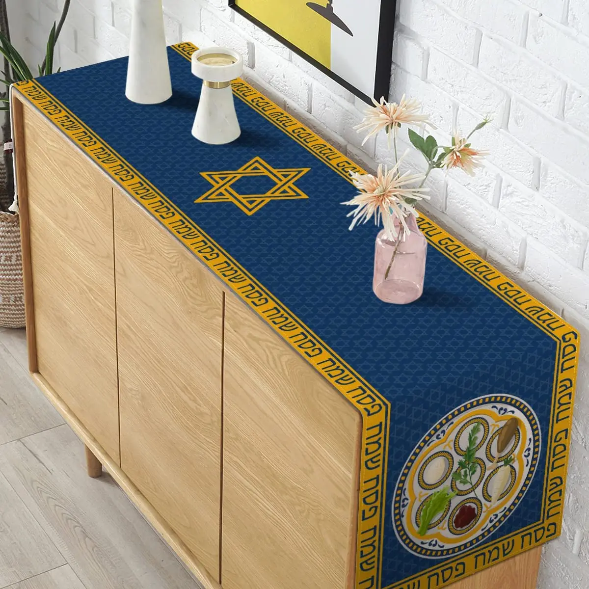 Passover Linen Table Runner Seder Plate Pesach Matzoh Star of David Jewish Festival Dining Table Runner Kitchen Home Decoration