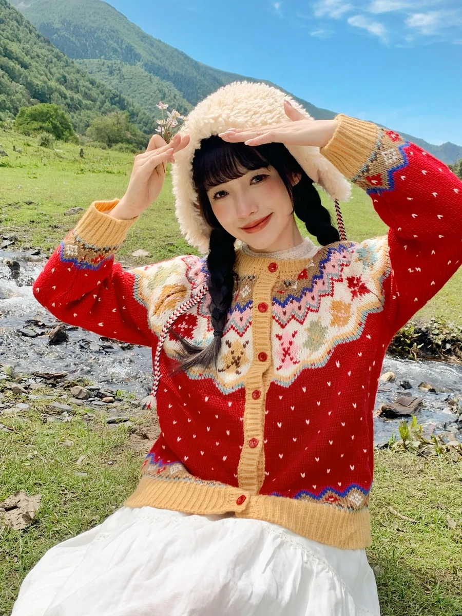 106 سنتيمتر تمثال نصفي خريف شتاء الأحمر بالأزرار البلوزات النساء Vintage أنيقة فضفاضة أيسلندا معرض جزيرة س الرقبة الصوف الدافئة محبوك البلوزات #6