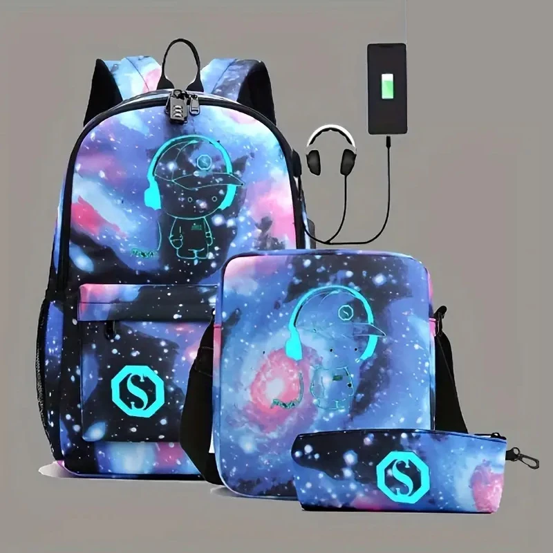 Sac à dos étanche avec chargeur USB pour adolescents, sac de voyage pour ordinateur portable, design Shoous, multi-musique, ensemble de 3 pièces