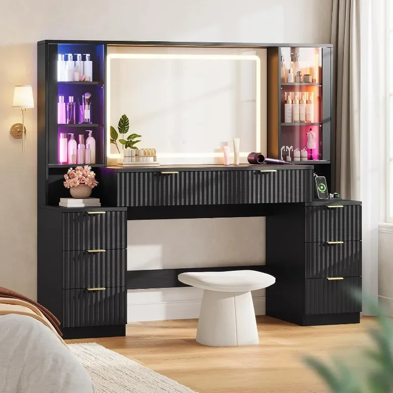 HAUOMS Big Vanity,  Fluted Wood Makeup Vanity Desk with Mirror and Sound Sync LED Lights, Large Vanity Dressing Table,