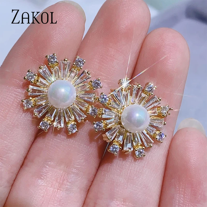 ZAKOL New Exquisite Cubic Zirconia & Imitation Pearls Snowflake Stud Earrings for Women Fashion Party Birthday Christmas Gift