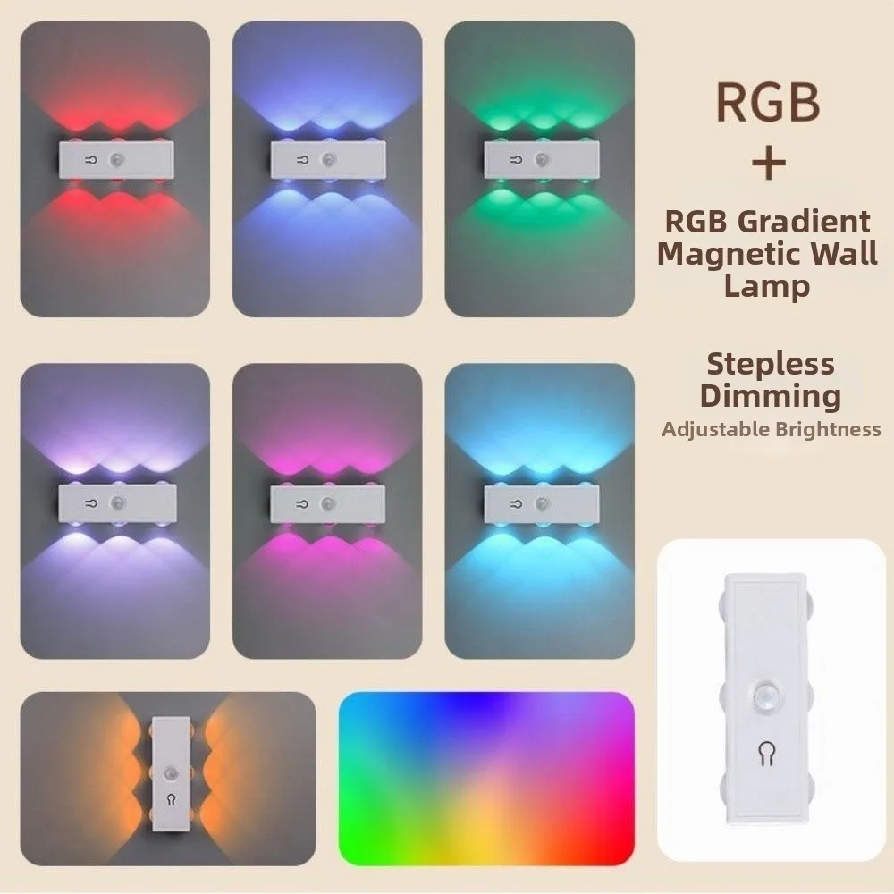 

Настенный светильник с датчиком движения RGB, 3 цвета, магнитный, USB-перезаряжаемый, диммируемый, умный датчик, перезаряжаемый ночник