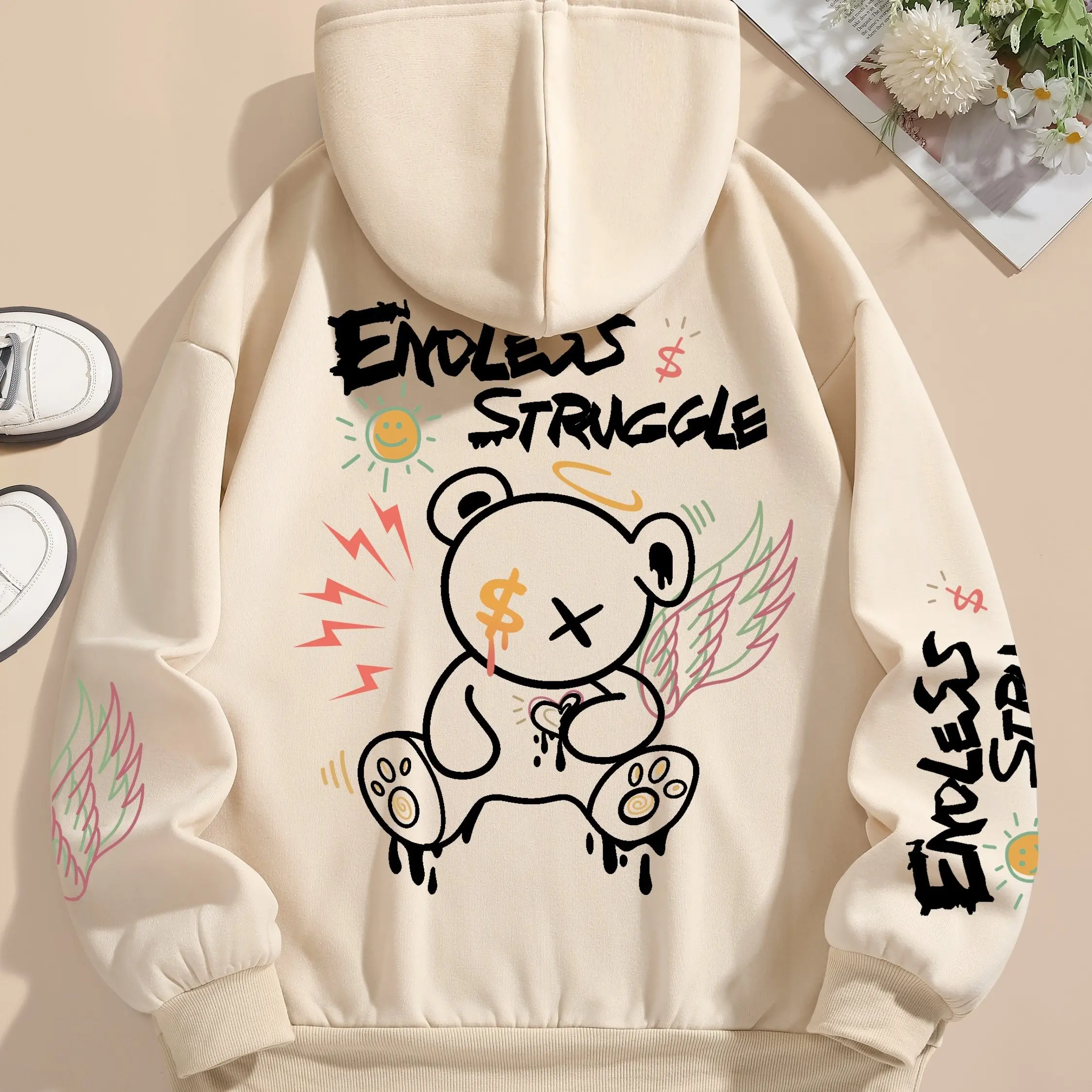 Fashionable bear print hoodie for couples, casual pullover sweatshirt, fashionable and comfortable universal hoodie S-3XL