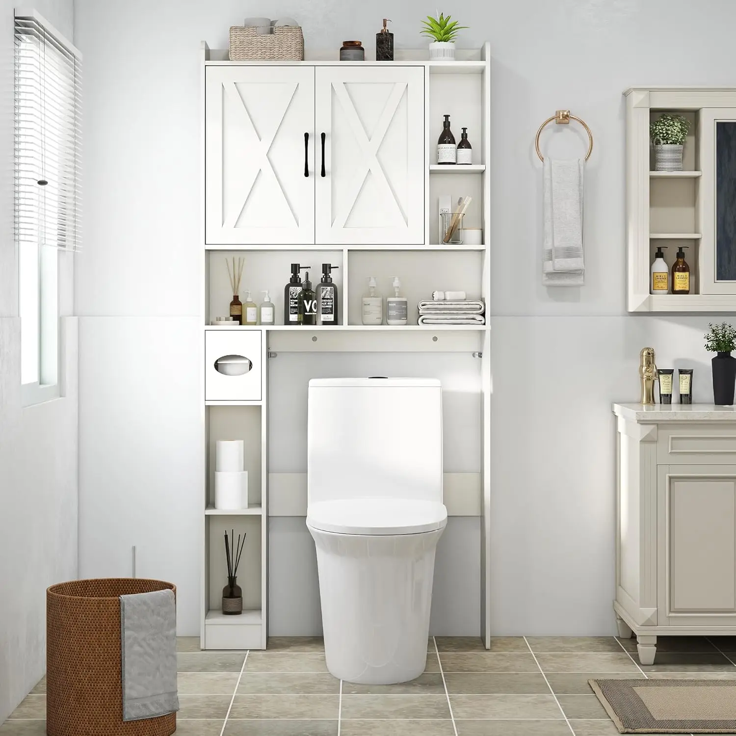 

Over The Toilet Storage Cabinet, 32" W Over Toilet Bathroom Organizer with Toilet Paper Holder Stand, Home Space-Saving Toile