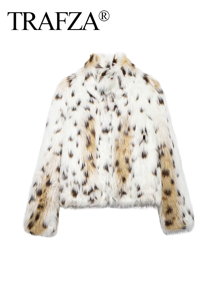 TRAFZA Winter Women Fashion Leopard Print Faux Fur Jacket Stand Collar Long Sleeve Warm Coats Female Chic Open Front Outerwear