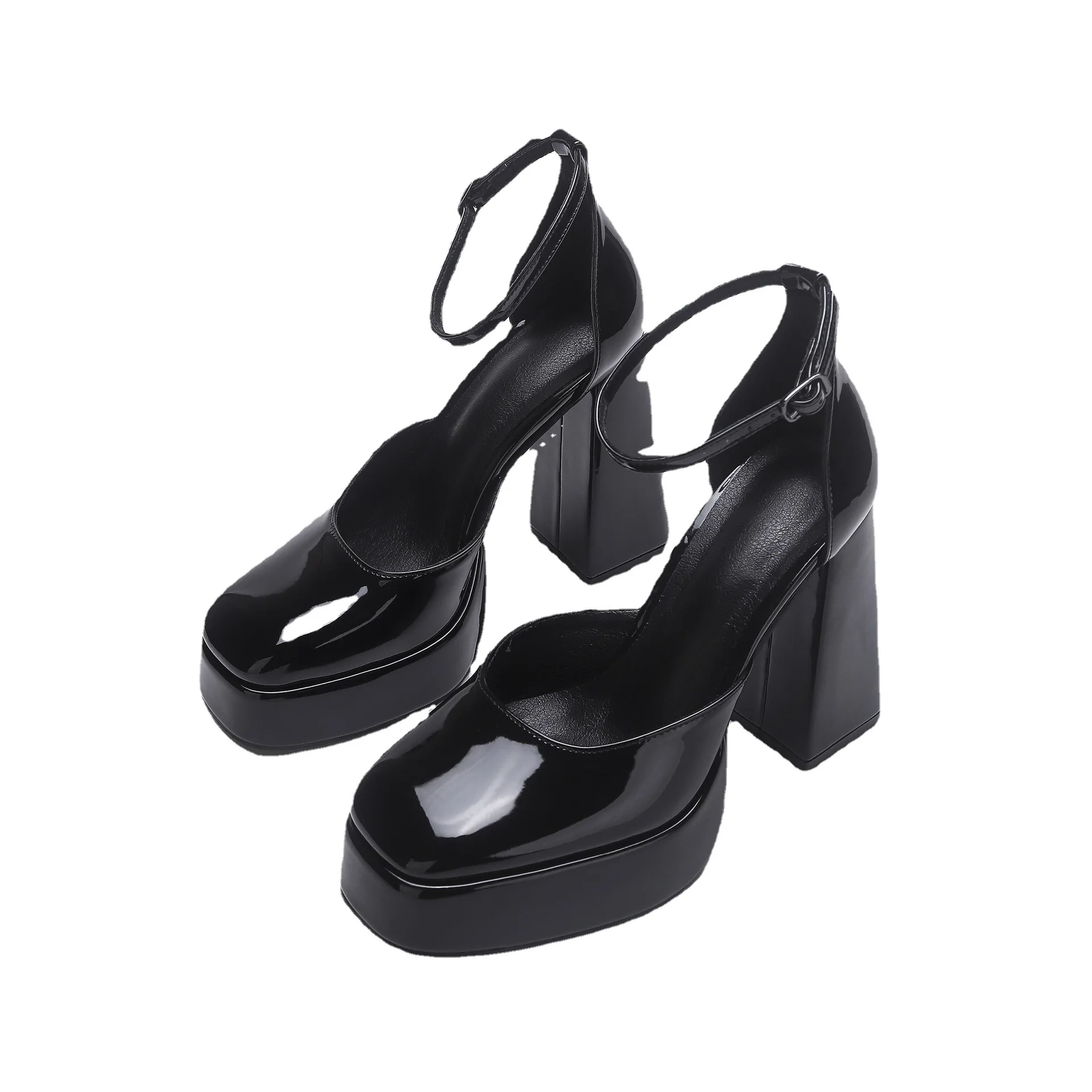 2024 New Party Women\'s Platform Pumps Patent Leather Summer Sandals Thick High Heel Platform Fish Mouth Shoes Black White Shoes