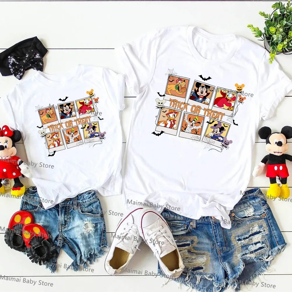 New Disney Halloween Trick Or Treat Mickey Minnie Family Matching Outfits Funny Cotton Dad Mom and Me Disneyland Trip Tshirts