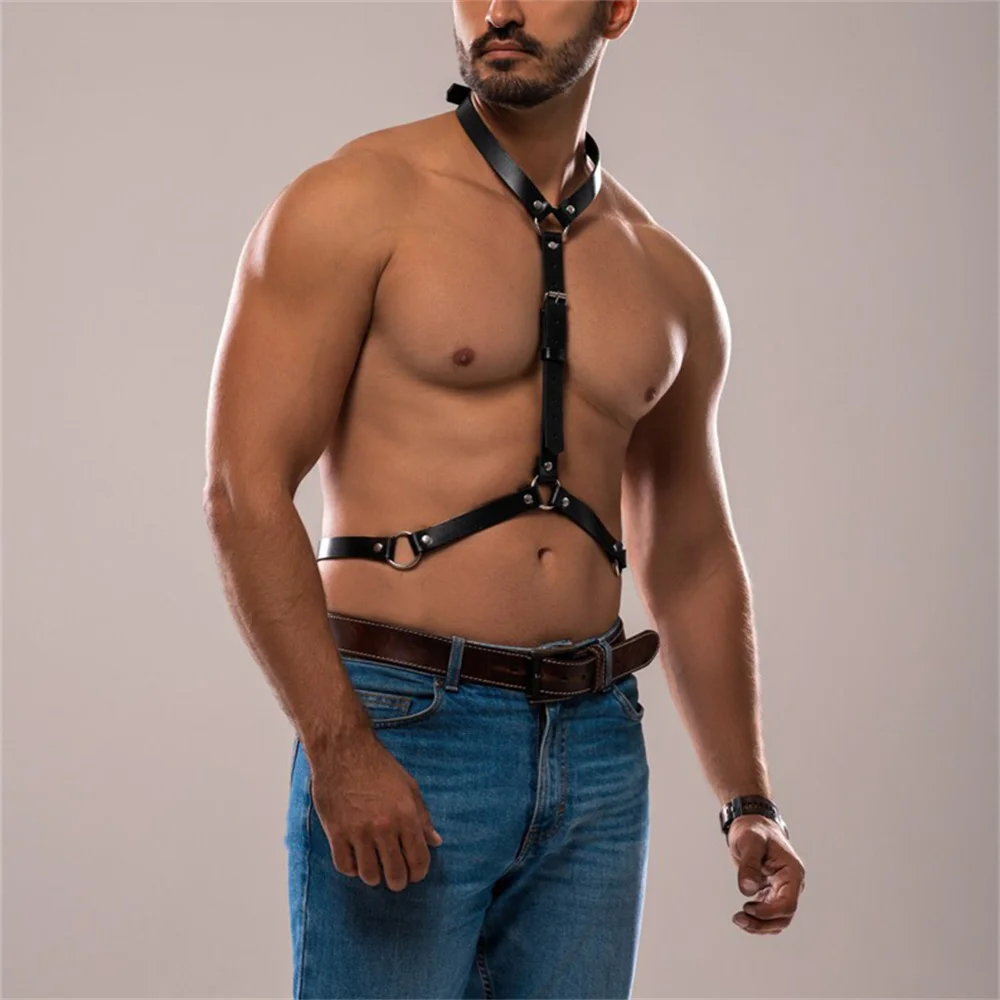 Male Lingerie Leather Harness Men Adjustable Fetish Gay Clothing Sexual Body Chest Harness Belt Strap Punk Rave Costumes for Sex