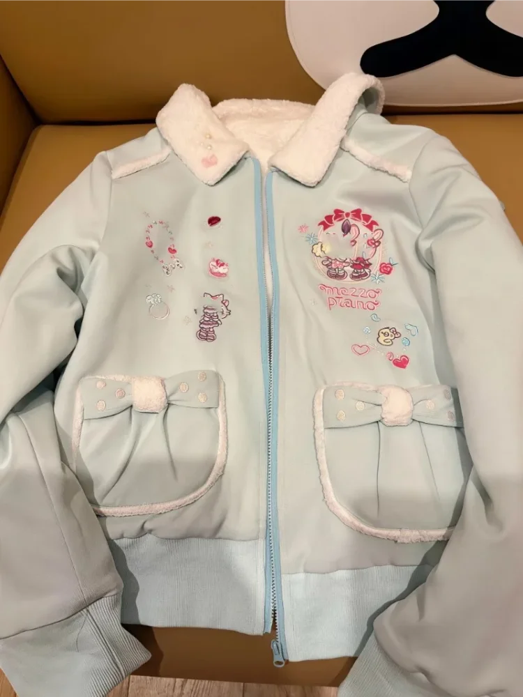 Japanese Cartoon Embroidery Casual Kawaii Coats Women Furry Patchwork Harajuku Loose Jackets Y2k Aesthetic Grunge Zipper ​jackes - view 4