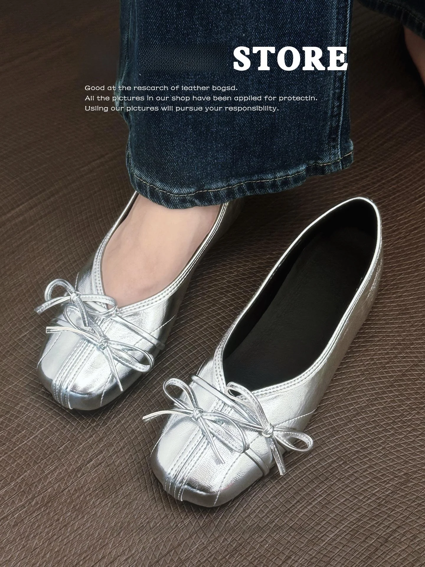 

Korean Style Flat Bottom Ballet Flats Women's Fashion Mary Jane Shoes Silver Square Head Knot Casual Low Cut Slip-On