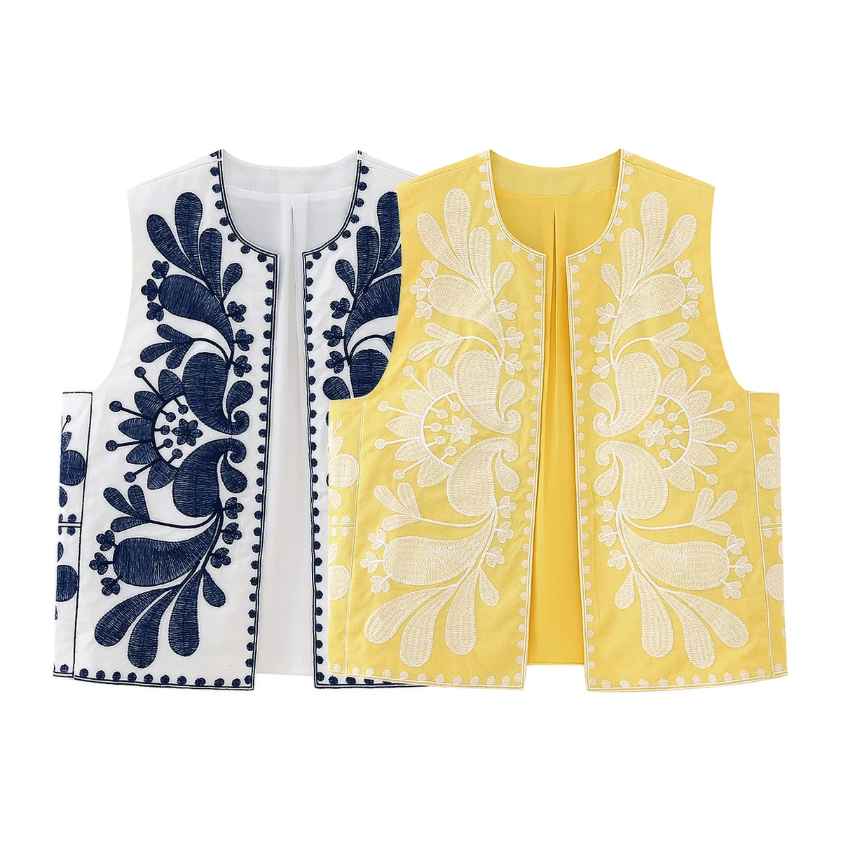 

Yellow Blue Floral Embroidered Women's Vest 2023 Sleeveless Jackets Top Waistcoat Fashion Vintage Stylish Classic Casual Chic