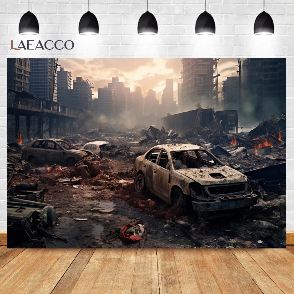 Laeacco Destroyed City Halloween Horror Backdrop Car Fire Dark Sky Apocalyptic Ruined House Photography Background Decoration