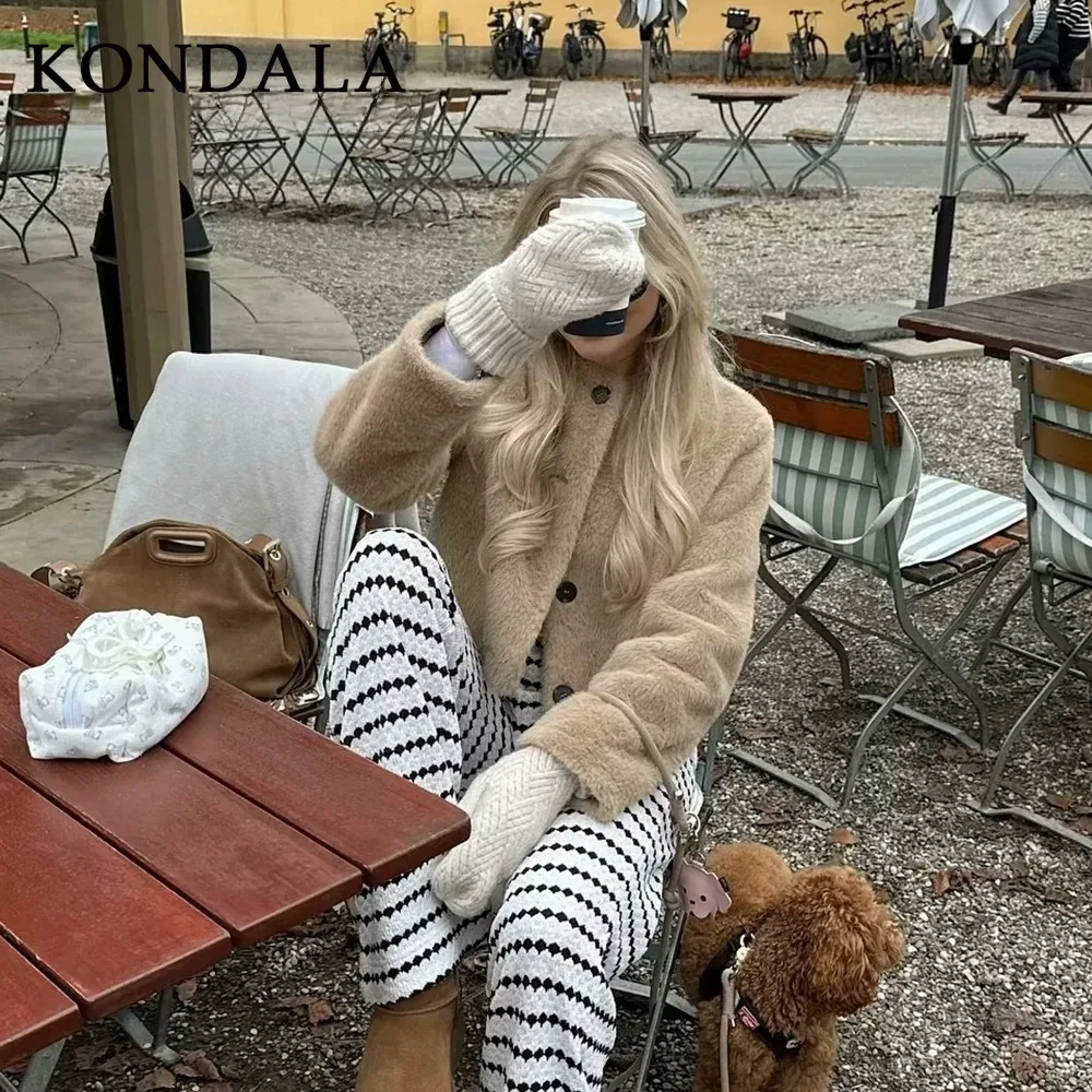 

KONDALA 2025 осень-зима уличная одежда из искусственного меха женские короткие куртки модные повседневные однотонные однобортные шикарные короткие пальто с круглым вырезом