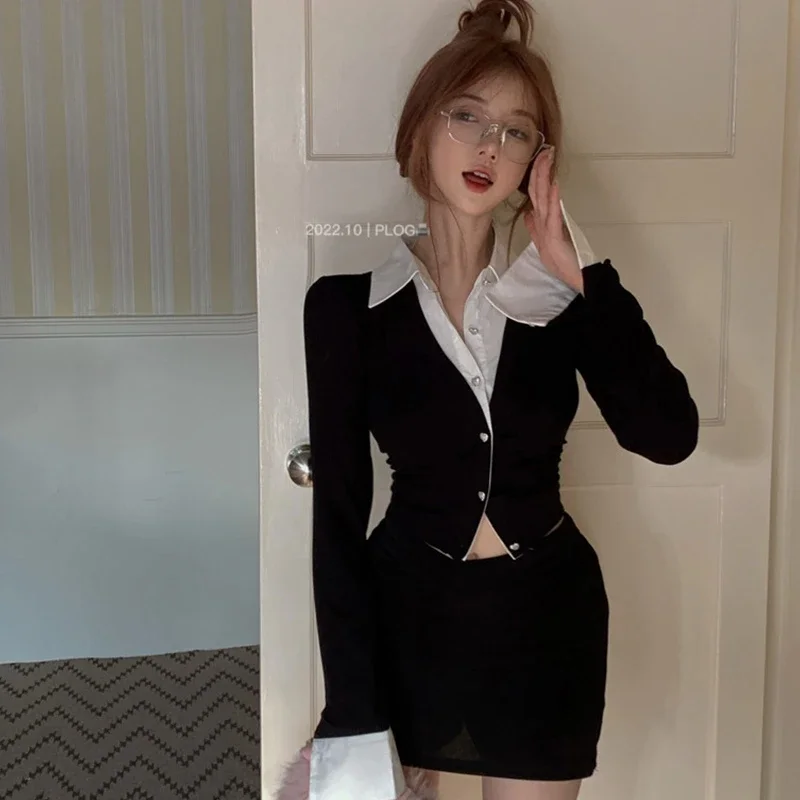 Falso due camicette per le donne tunica manica lunga top corto 2025 Blusas Mujer De Moda moda coreana sexy Y2k camicette camicie