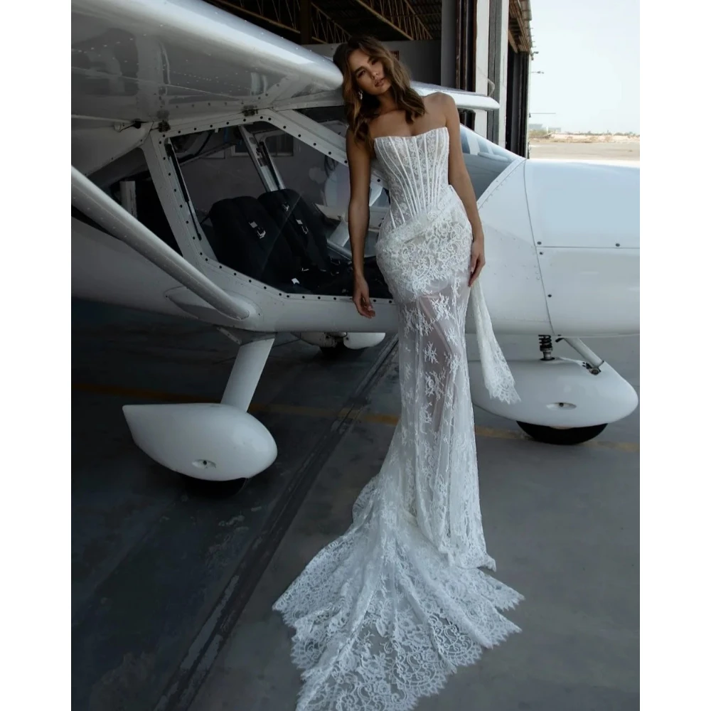 فستان زفاف دانتيل أنيق مخصص بدون حمالات غمد قابل للانفصال فستان زفاف مثير بدون ظهر مشد طويل فساتين حفلة موسيقية #5