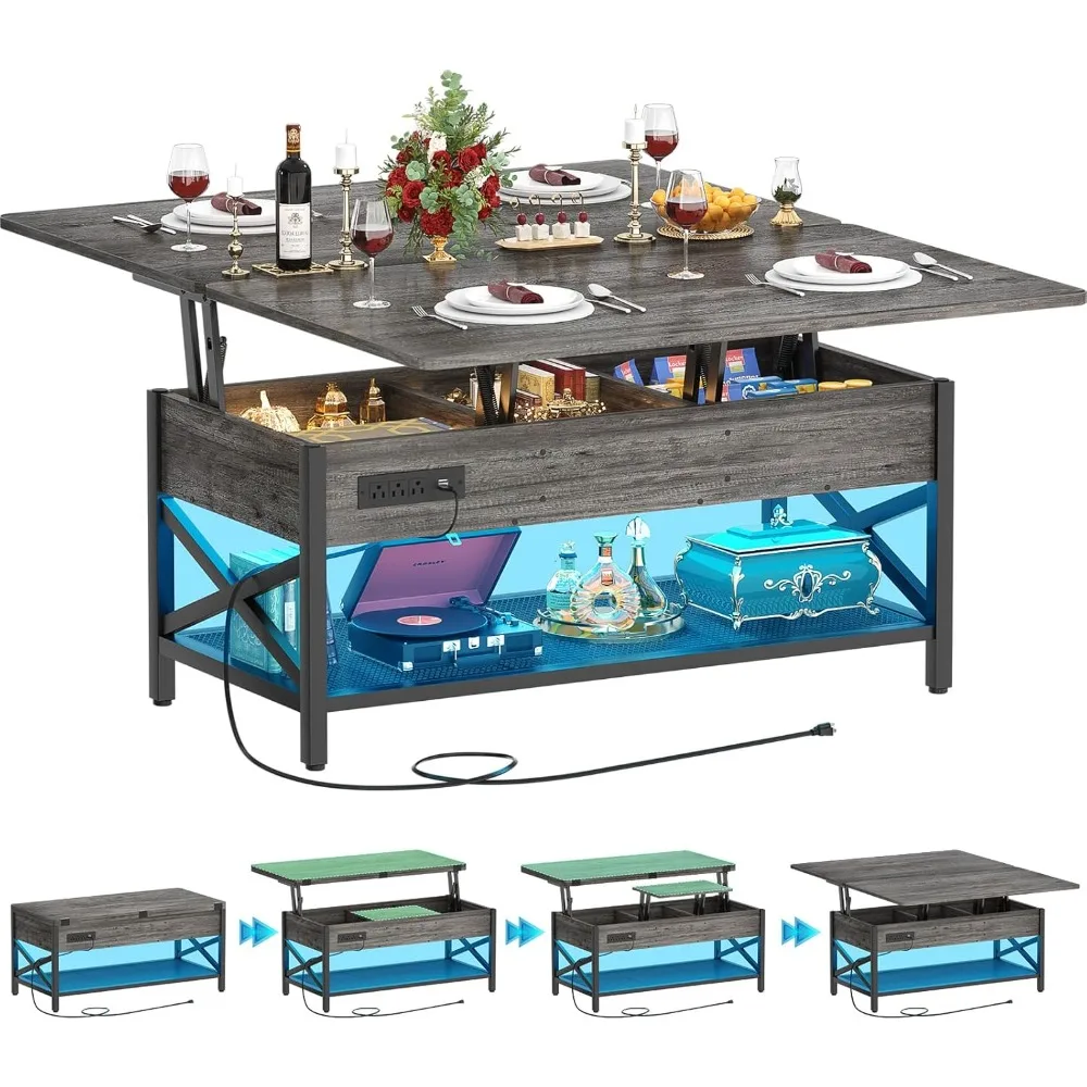 

Coffee Table Lift Top Multi-Function Coffee Table Converts to Dining Table, with LED Light and Power Outlet, Center Tab