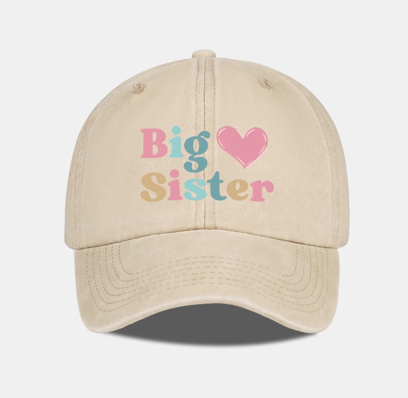 Big Sister Heart Print Vintage Washed Baseball Cap – Adjustable Size, Everyday Casual and Versatile Dad Cap