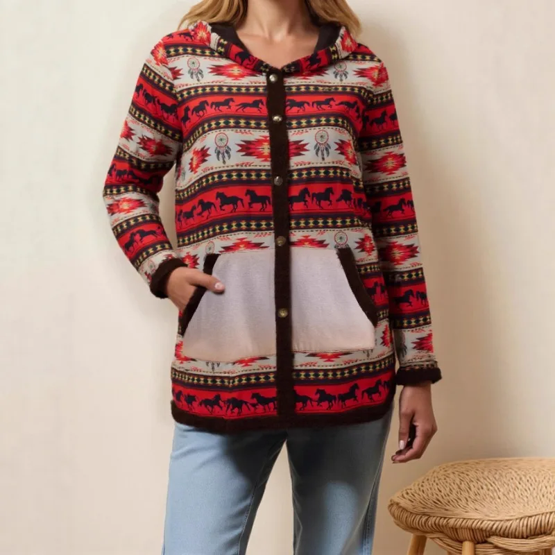 

Женский кардиган контрастного цвета с капюшоном и пуговицами, карманом, курткой с длинными рукавами и геометрическим узором, модный топ