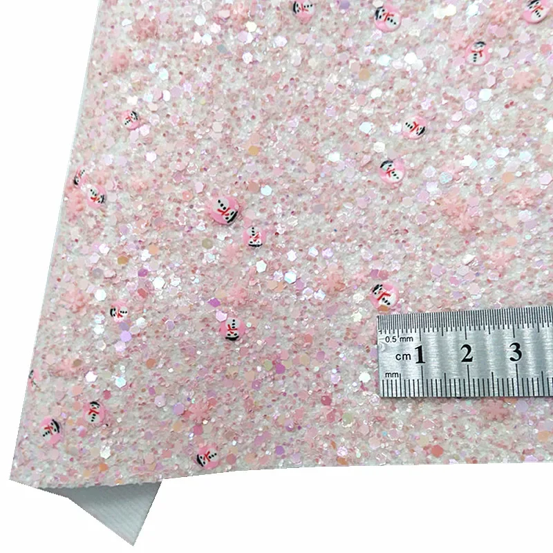 Pink Snowmen Glitter Leather Sheets Crushes Candy Cane Printed Glitter Leather Snowflakes Faux Leather For Bow DIY 21x29CM Q1505