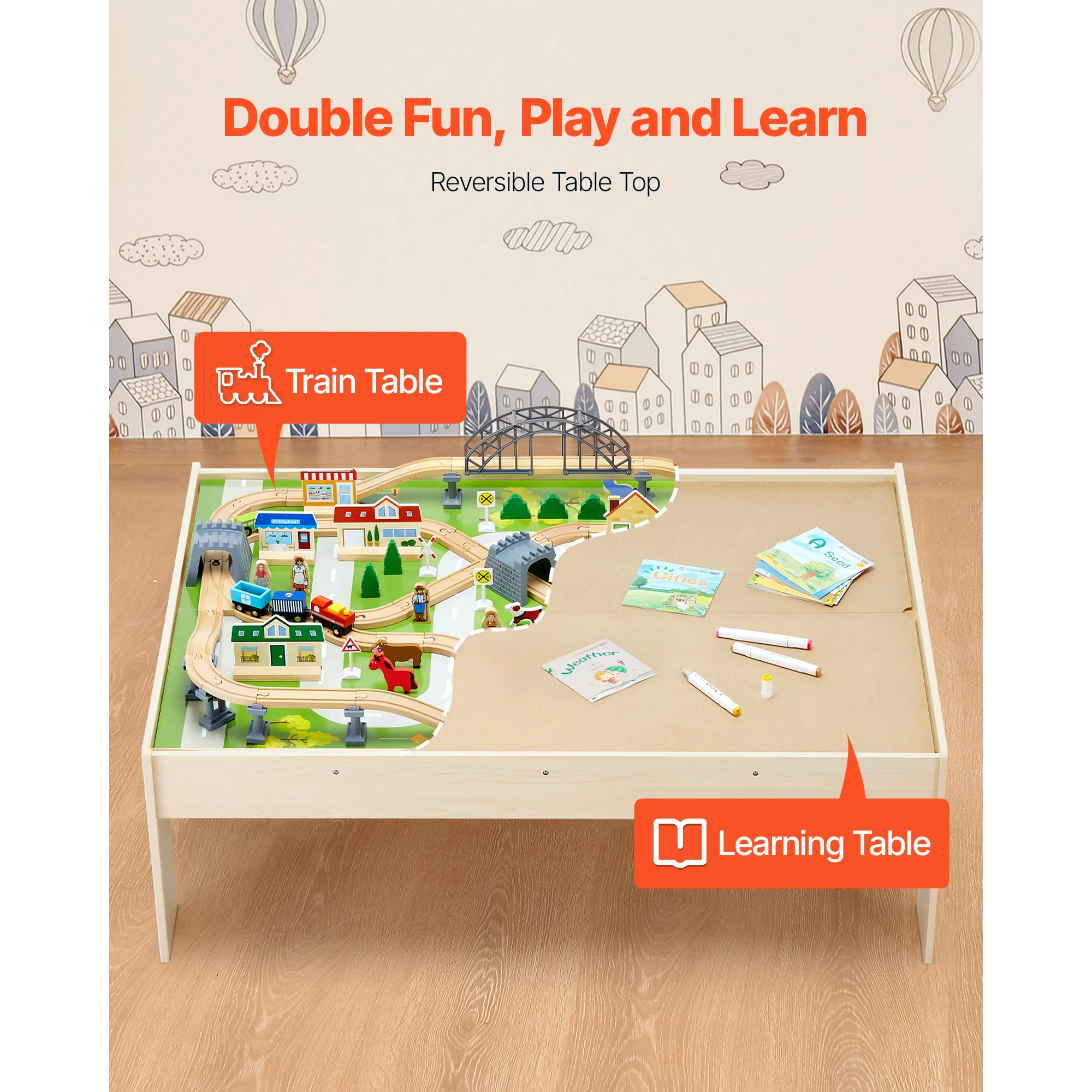 SucceBuy Table de Train en bois 3 en 1, 120 pièces, accessoires multicolores, Table d'activité pour enfants, ensemble de jouets pour enfants, jeu, dessin, lecture