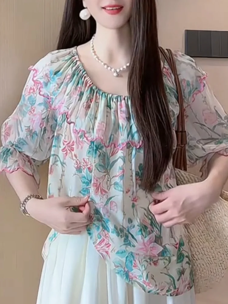

Модный летний топ свободного кроя с цветочным принтом, универсальный, больших размеров, в корейском стиле, с круглым вырезом, новый