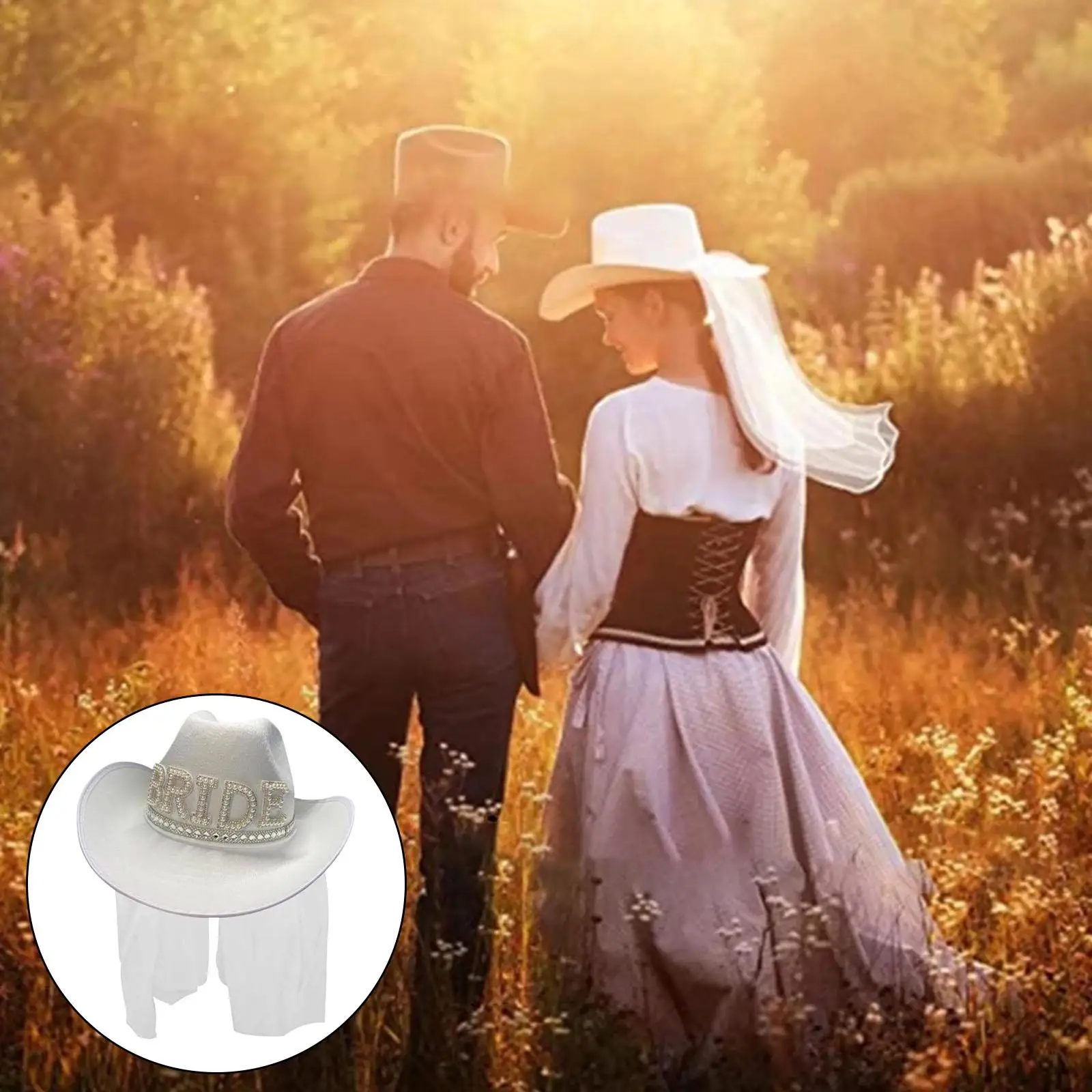 

White Blinking Rhinestone Bride Veil Cowboy Cowgirl Hat for Bridal Shower