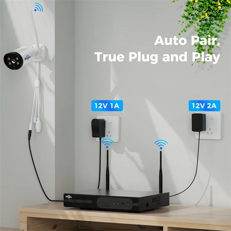 Hiseeu-cctvシステムキット,カラーナイトビジョン,人間検出,双方向オーディオ,ip66,ワイヤレスIPカメラWK-4HBFO3,10ch nvr,3mp,wifi