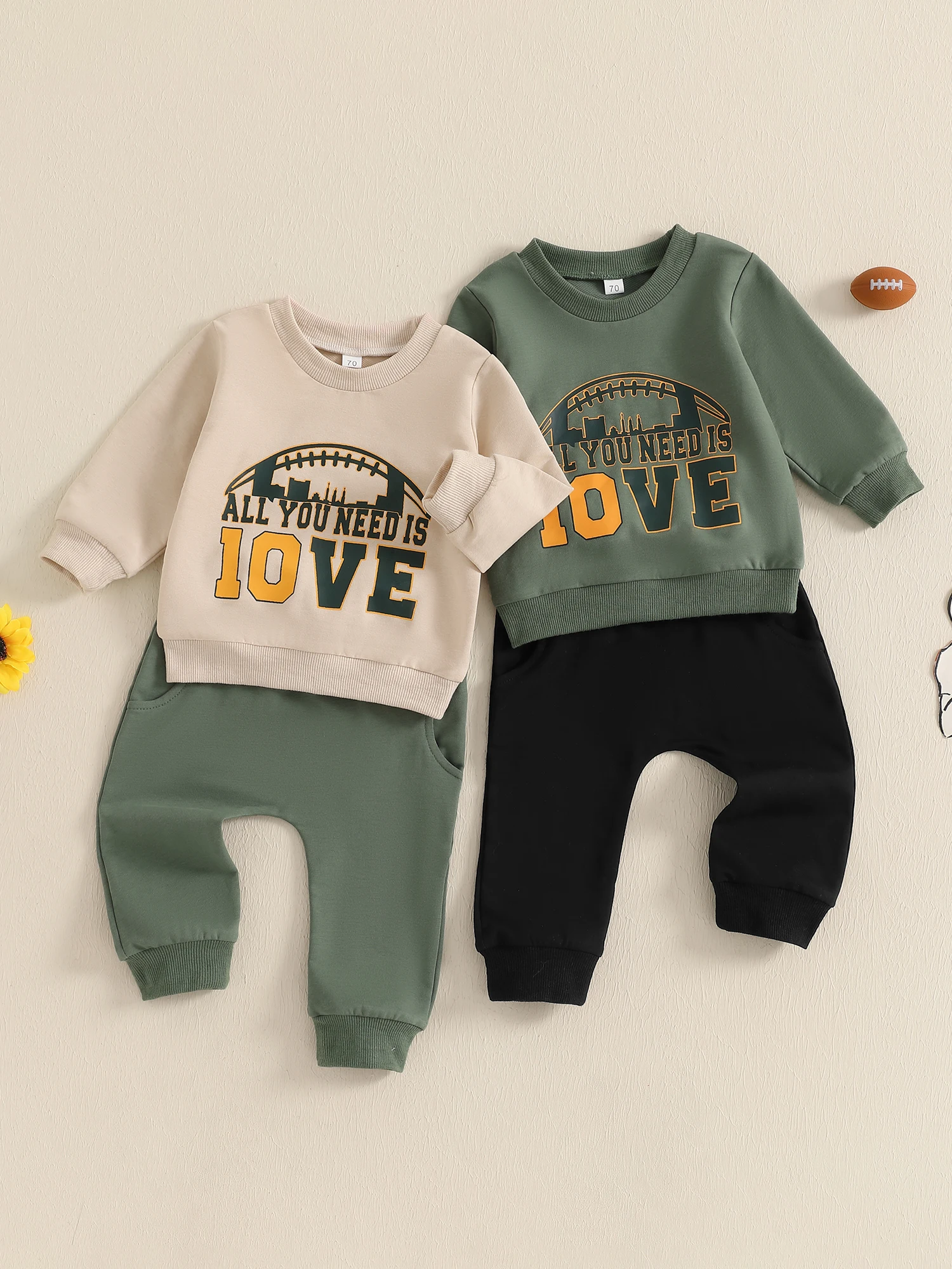 Baby Girl Boy Fall Outfit Long Sleeve O-Neck Letter Print Tops with Bow Tie Solid Pants Autumn 2pcs Clothes Set