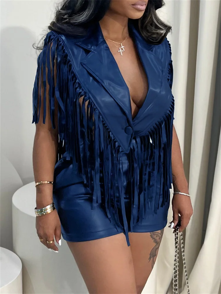 Sisterlinda Hipster PU 2 pièces ensemble femmes dos nu profond col v revers gland bouton unique gilet + shorts Sexy Hottie Club Streetwear