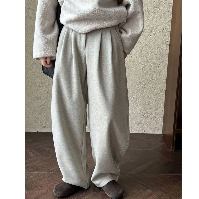 Winter Thicken Woolen Brushed Balloon Pants Women Elastic Waist Warm Loose Casual Fleece Trouser