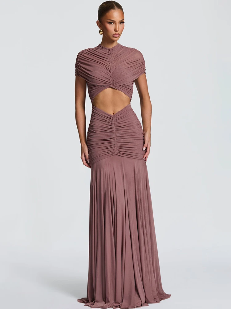 JULISSA MO Patchwork Sexy Hollow Out Sheer Mesh Dames Maxi-jurk Coltrui Jurk met ruches Lente Slanke elegante feestavondjurk - afbeelding 2